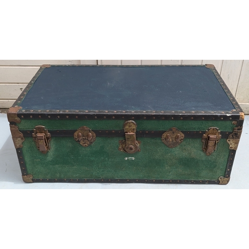 1330 - Green Metal Bound Trunk - 36 x 91 x 54cm