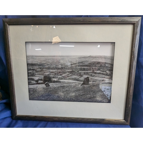 477 - 3 Charcoal Pictures (Glastonbury Tor, Stourhead And Unknown) & 1 Stonehenge Print