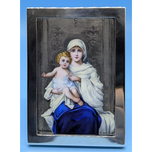 209 - A Hallmarked Silver And Enamel Madonna And Child By Nathaniel Schiel - 9.3 x 6.5cm - 124gms In Frame