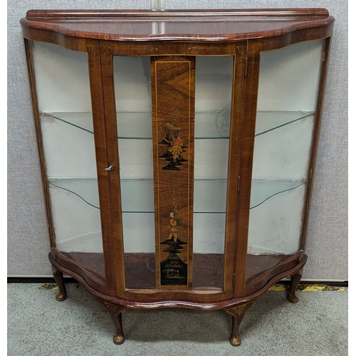 658 - Cabinet with Inlaid Chinese Design and Glass Shelves. 117cm H x 103cm W x 34cm D