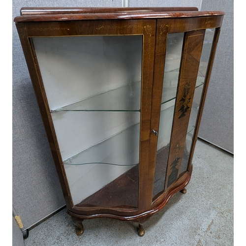 658 - Cabinet with Inlaid Chinese Design and Glass Shelves. 117cm H x 103cm W x 34cm D