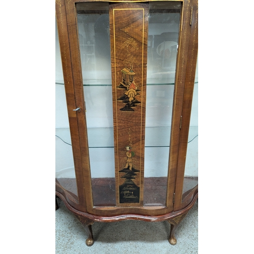 658 - Cabinet with Inlaid Chinese Design and Glass Shelves. 117cm H x 103cm W x 34cm D