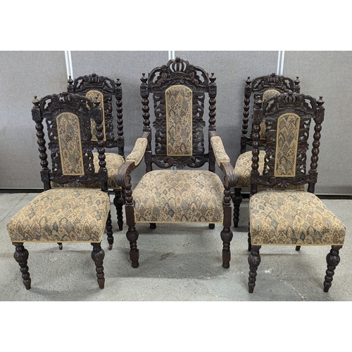 27 - A Superb Set of 5 x  Heavily Carved Victorian Oak Jacobean Style Chairs ( 1 x Carver)