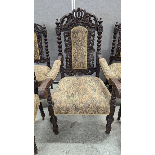 27 - A Superb Set of 5 x  Heavily Carved Victorian Oak Jacobean Style Chairs ( 1 x Carver)