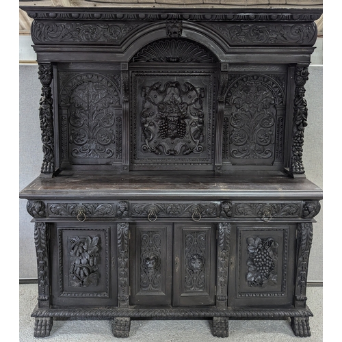 29 - A Heavily Carved Victorian Oak Jacobean Style Buffet Sideboard ( in 2 x parts) 196cm W x 63cm D x 22... 