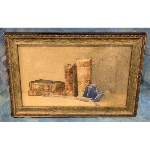 550 - A Watercolour depicting Books signed M Rieder . Property of a Gentleman. 42 x 28cm