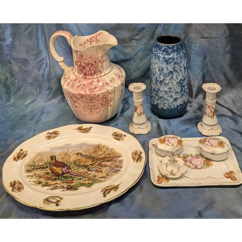 604 - A Large Burslamware Wash Ju, West German Pottery Vase, Dressing Table Set And 'Pheasant' Themed Carv... 