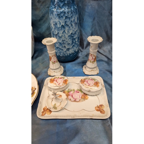 604 - A Large Burslamware Wash Ju, West German Pottery Vase, Dressing Table Set And 'Pheasant' Themed Carv... 