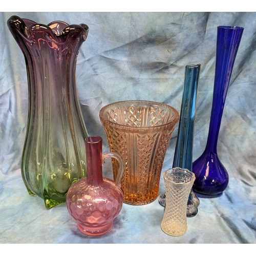 605 - A Pink And Green Art Glass Vase, Pink Depression Vase, Blue Bud Vase And Other Glassware