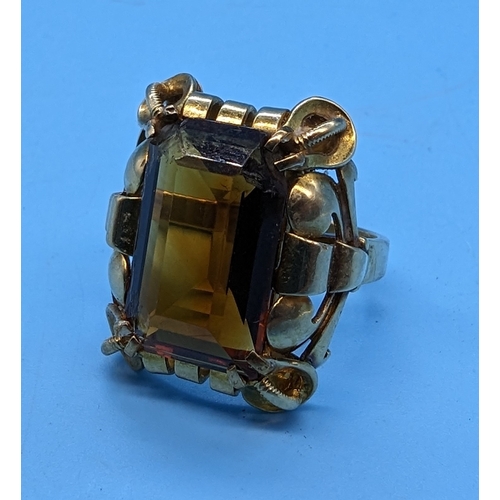 202 - A 14ct Yellow Gold Ring In An Ornate Setting With Large Central Madeira Citrine Stone - 6.1gms Total... 