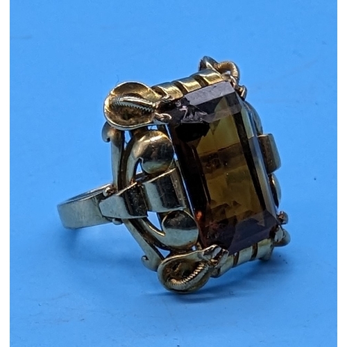 202 - A 14ct Yellow Gold Ring In An Ornate Setting With Large Central Madeira Citrine Stone - 6.1gms Total... 