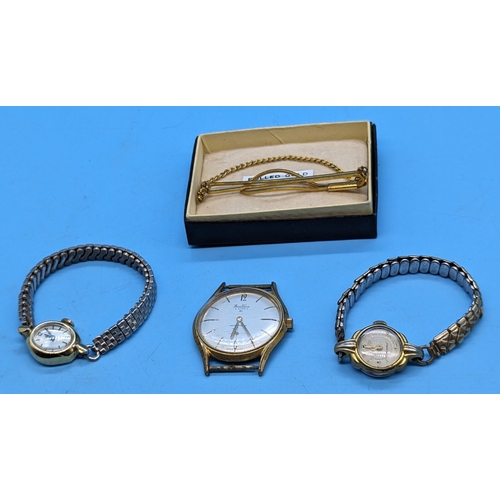 208 - A Bentina Star 21 Wristwatch, 2x Ladies Dress Watches And Tie Clip