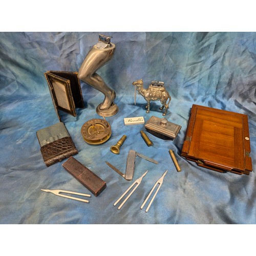 191 - A Lot Of Oddments - Novelty Cigar Lighters, Tuning Forks, Sundial Compass, Camera Plate Holder etc.