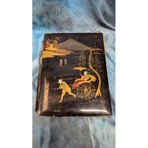 350 - A Vintage Chinese Lacquer Photograph Album - With Hand Painted Pages - Damage To Spine