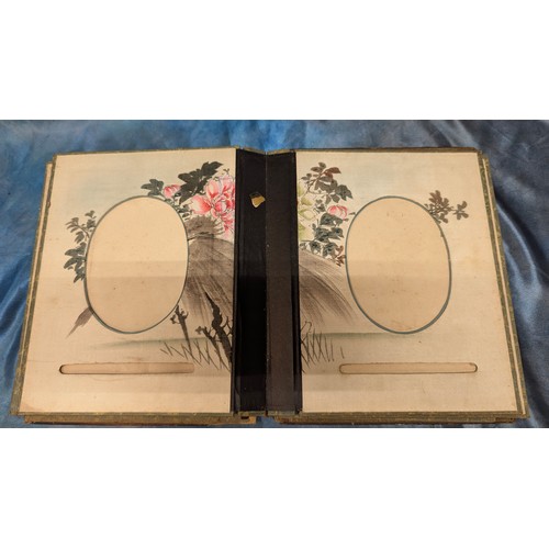 350 - A Vintage Chinese Lacquer Photograph Album - With Hand Painted Pages - Damage To Spine