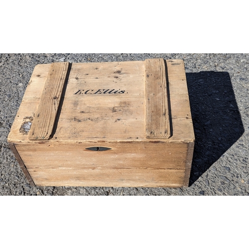 65 - A Zinc Lined Antique Pine Shipping Trunk with Lock and Key