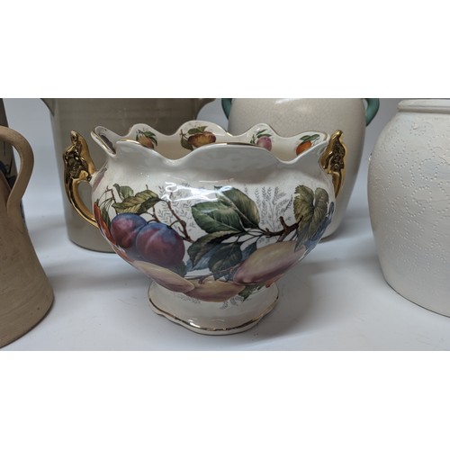 724 - Staffordshire Utopia Two Handled Fruit Decorated Jardinere, Large Grape Design Flower pot( some loss... 