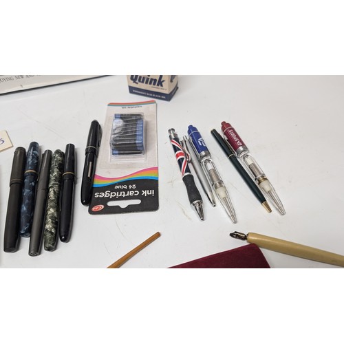 741 - A Quantity of Fountain Pens and others, plus Nibs, Ink Cartridges plus Fountain Pen Book