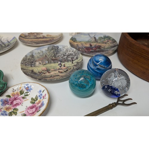 1090 - A Selection of China Dishes, Collectors Plates, Paperweights , Tasting Forks and Large Wooden Bowl