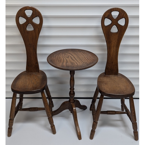 38 - A Pair of Oak (Spinning / Brutalist) Chairs and Table - Table 30cm diameter 56cm tall. - Chairs Back... 