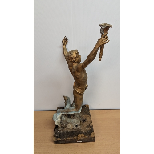 800 - Gold Painted Spelter Figure Of Torchbearer With Water Damage To The Base - 60cm Tall