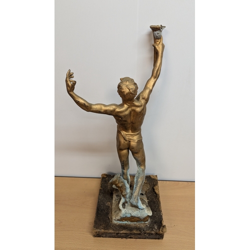 800 - Gold Painted Spelter Figure Of Torchbearer With Water Damage To The Base - 60cm Tall