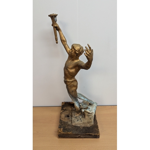 800 - Gold Painted Spelter Figure Of Torchbearer With Water Damage To The Base - 60cm Tall