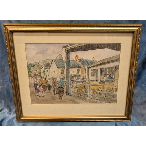 578 - J Blanch Pen And Watercolour Of A Cattle Market - 40 x 25cm