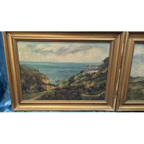 588 - A Pair Of Oil On Boards Of Clifftop Scenes - 62 x 48cm