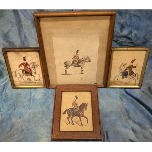 585 - A 1947 Watercolour Of An Italian Officer Mounted On Horseback And 3 Other Prints