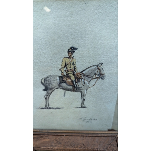 585 - A 1947 Watercolour Of An Italian Officer Mounted On Horseback And 3 Other Prints