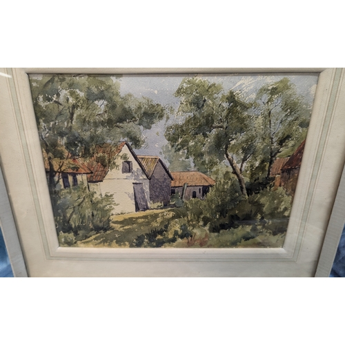 619 - A Vintage Painting of Farm Buildings with a another of a Tudor House on the Reverse 52cm x 44cm