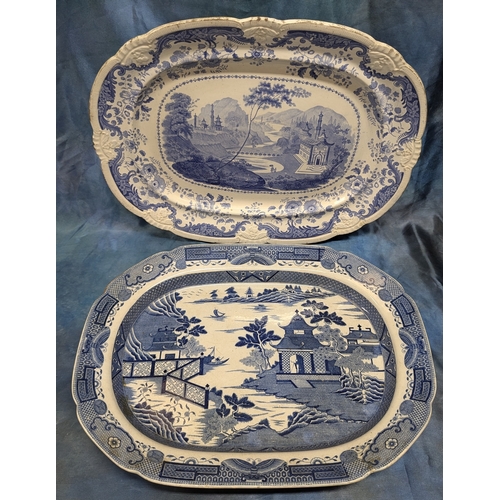 77 - 2 x Large Blue and White  China Pagoda Meat Chargers , Davenport and other, both approx. 48cm x 38cm