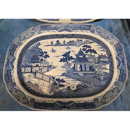 77 - 2 x Large Blue and White  China Pagoda Meat Chargers , Davenport and other, both approx. 48cm x 38cm