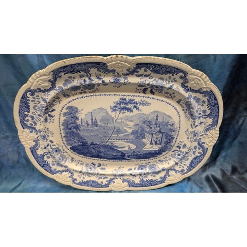 77 - 2 x Large Blue and White  China Pagoda Meat Chargers , Davenport and other, both approx. 48cm x 38cm