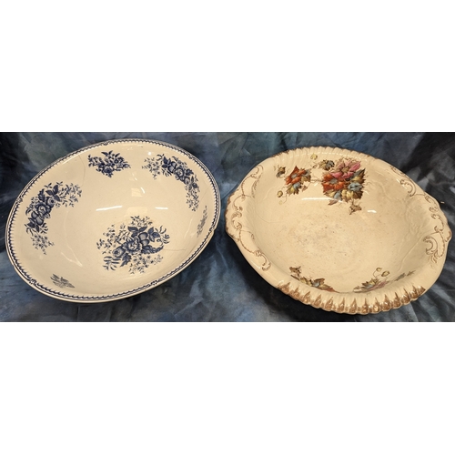 79 - A Large Booths Blue and White Washbowl 40cm Diameter  and another 42cm ( both with cracks)