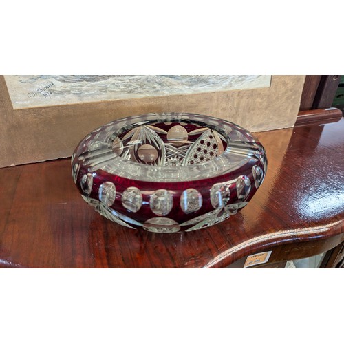 84 - Vintage Cranberry and clear glass ashtray - large - 9 x 25cm