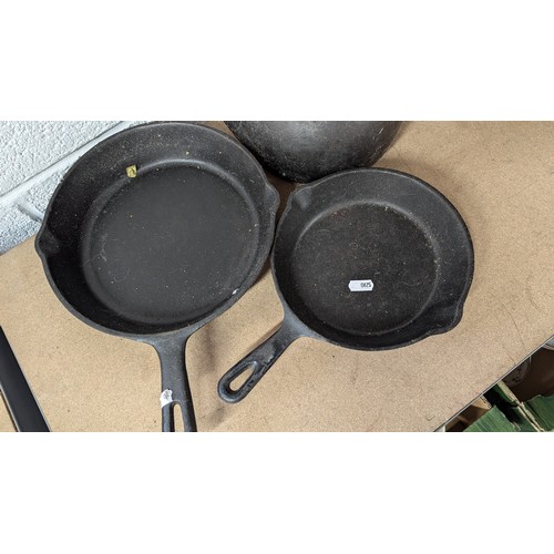 458 - 2 Black Cast Iron Frying Pans And Cast Iron Kettle