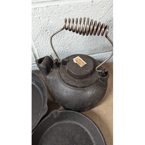 458 - 2 Black Cast Iron Frying Pans And Cast Iron Kettle