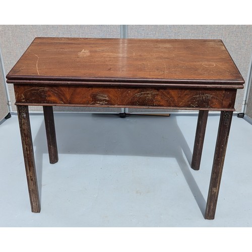 1345C - Inlaid Folding Green Baise Card Table - 73 x 45 (closed) 90 (open) x 91cm