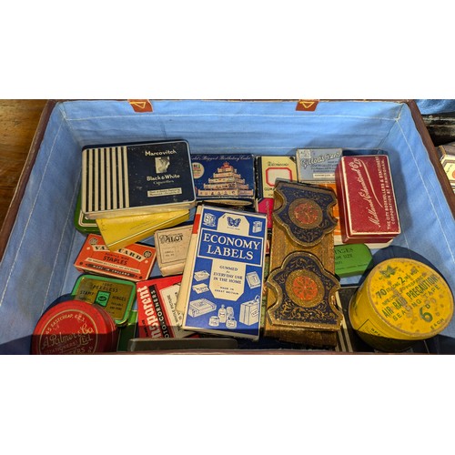 327 - A Box of Oddments, Vintage Tins, Ration Book, Matches , Air Raid Tape etc.