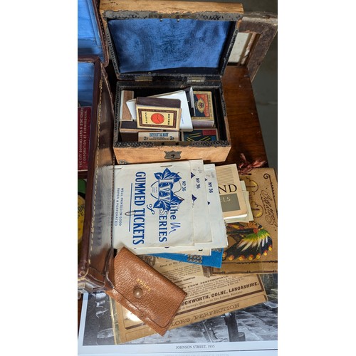 327 - A Box of Oddments, Vintage Tins, Ration Book, Matches , Air Raid Tape etc.