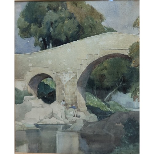 616 - Vintage Watercolour of Boys Fishing by Bridge 34cm x 40cm