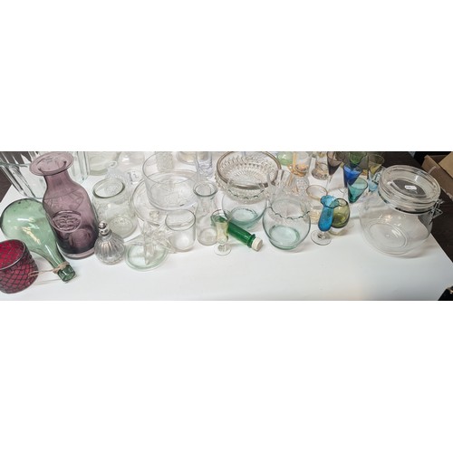 1096 - A Selection of Mixed Glassware and Crystal including Storage Jats, Glass Lamp Shades, Bowls etc.