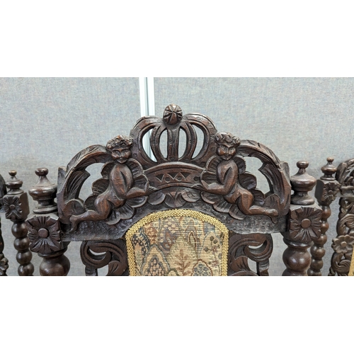 14 - ..A Superb Set of 5 x  Heavily Carved Victorian Oak Jacobean Style Chairs ( 1 x Carver)