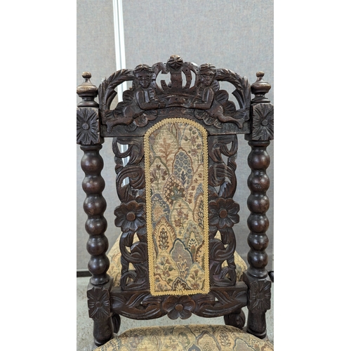 14 - ..A Superb Set of 5 x  Heavily Carved Victorian Oak Jacobean Style Chairs ( 1 x Carver)