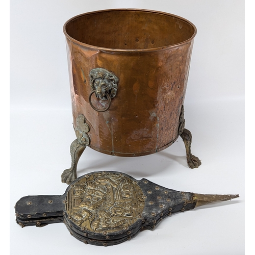 52 - Copper Log Bin with Brass Lions Head Handles and Claw Feet and a Set of Bellows