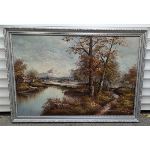 1554 - A Large Oil on Canvas of a Lake and Mountain Scene 100 x 70cm