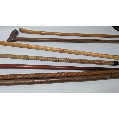 988 - 7 x Wooden Walking Sticks , various handles inc. Metal and Bone