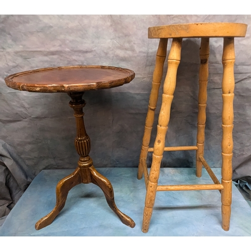 1501 - Small Pie Crust Lamp On Tripod Base & A Bar Stool With Turned Legs